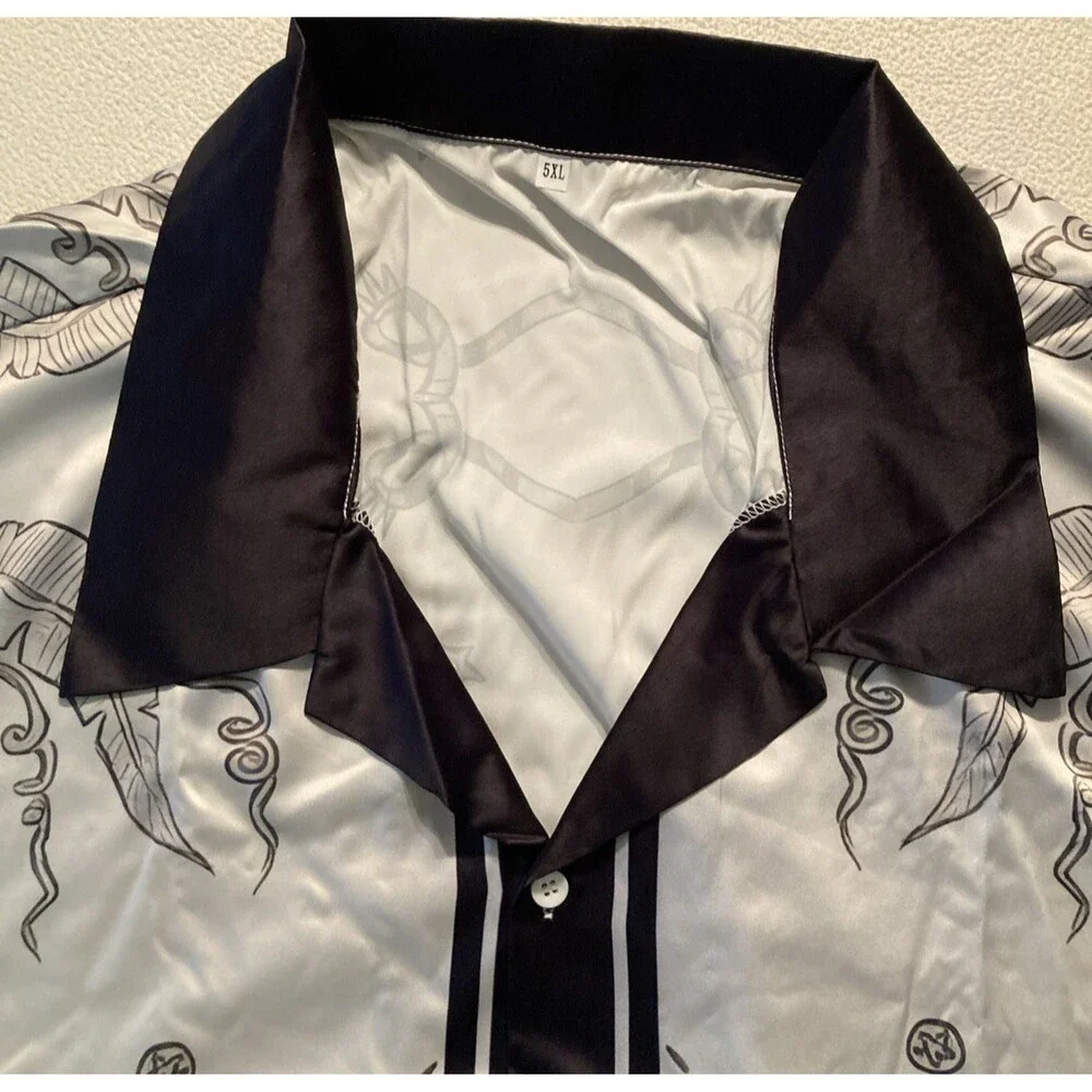 Custom Made Silk Like Lounge Shirt Size 5XL Geometric Design White/Black Classic - Picture 4 of 7